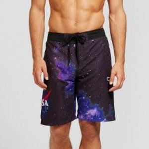 NASA Swim Shorts Trunks Size MED 30  Black Space Buzz Aldrin Drawstring Lined